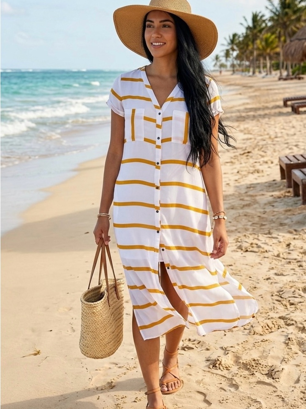 White and Mustard Stripe Button-Front Beach Dress